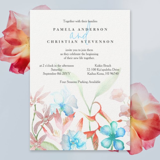 Blue Hibiscus, Orange Heliconia Flowers Wedding Invitation (tropical orange heliconia wedding invitation with blue hibiscus and pink gardenia flowers)