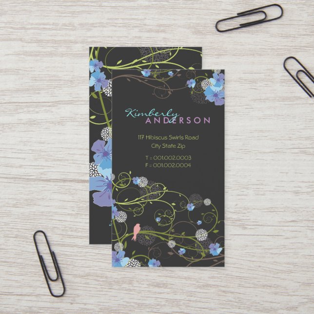 Blue Hibiscus Swallow Birds Elegant Floral Garden Business Card (Front/Back In Situ)