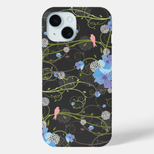Blue Hibiscus Swirls Swallow Birds Elegant Floral iPhone 15 Case