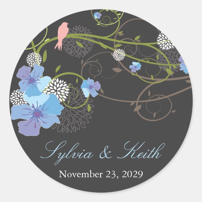 Blue Hibiscus Swirls & Swallows Floral Wedding Classic Round Sticker (Front)