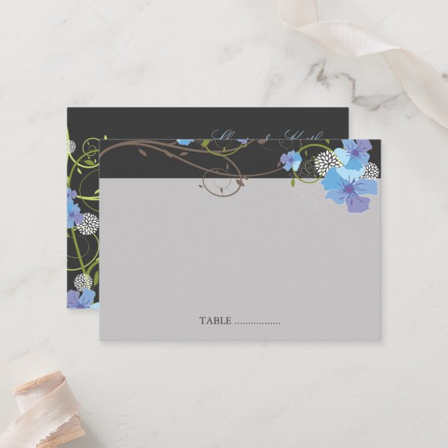 Blue Hibiscus Swirls & Swallows Floral Wedding Place Card (Front/Back In Situ)