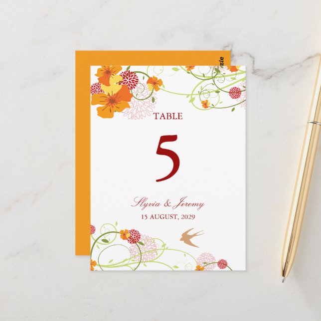 Blue Hibiscus Swirls & Swallows Floral Wedding Postcard (Front/Back In Situ)