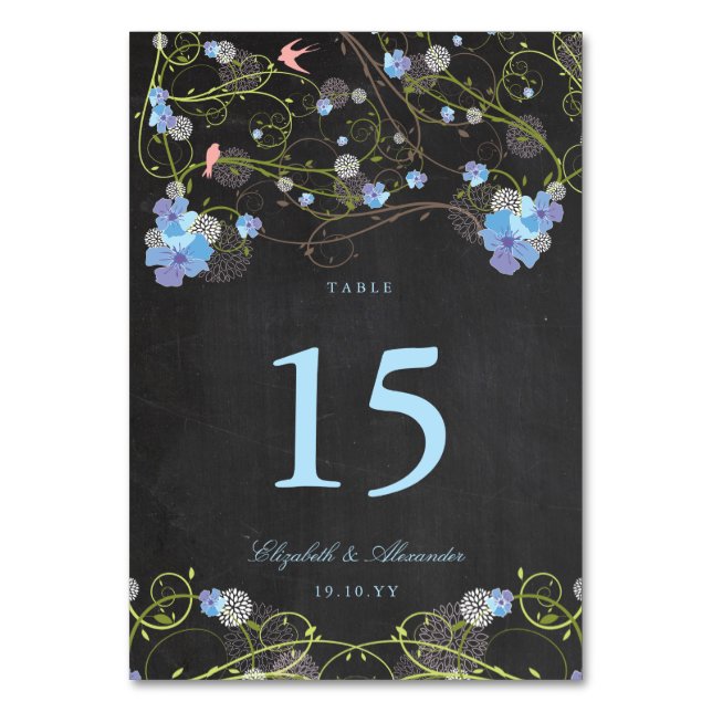 Blue Hibiscus Swirls & Swallows Floral Wedding Tab Table Number (Front)