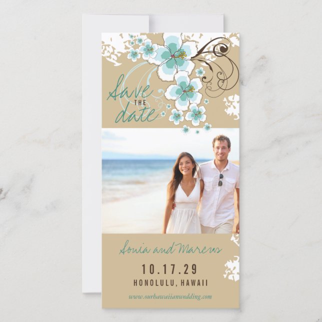 Blue Hibiscus Tropical Wedding Photo Save The Date (Front)