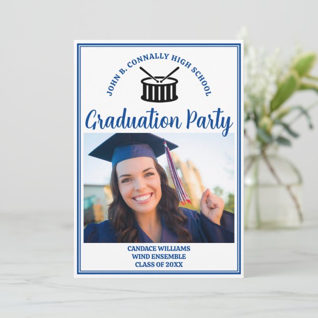 Blue High School Band Photo Graduation Party Invitation (Standing Front)