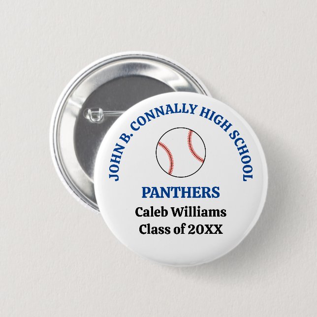 Blue High School Baseball Player Personalised 6 Cm Round Badge (Front & Back)