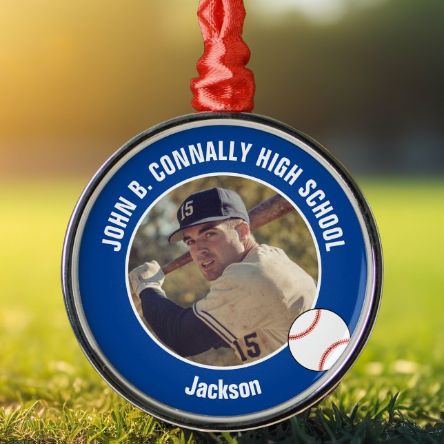 Blue High School Baseball Player Photo Christmas Metal Ornament (Creator Uploaded)