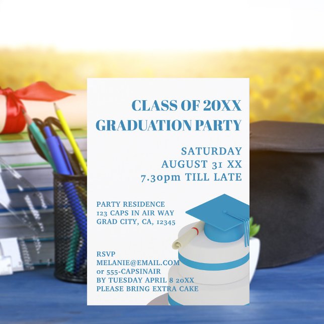 Blue High School Class Of Graduation Invitations (Add your graduation party details to this fun Grad Cap Cake party invitation)