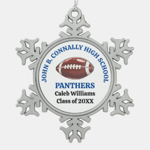 Blue High School Football Player Personalised Snowflake Pewter Christmas Ornament