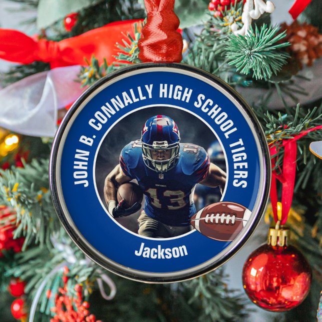 Blue High School Football Player Photo Christmas Metal Ornament (Creator Uploaded)