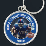 Blue High School Football Player Photo Key Ring<br><div class="desc">This cool customised blue high school football player photo keychain features white typography of your team and player name. Personalise with your athlete name next to the ball.</div>