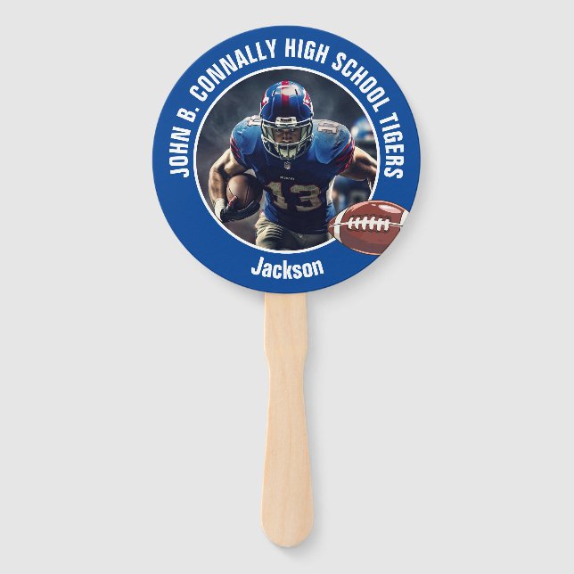 Blue High School Football Player Photo Parent Hand Fan (Front)
