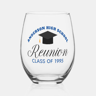 Blue High School Reunion Party Custom Alumni Stemless Wine Glass