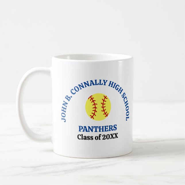 Blue High School Softball Player Personalised Coffee Mug (Left)