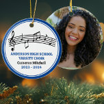 Blue High School Varsity Choir Custom Christmas Ceramic Ornament<br><div class="desc">This modern blue high school choir Christmas ornament features the student and chorale name under the musical staff with treble clef and music notes. Customise for a singer,  choir teacher,  or director for a great graduation gift.</div>