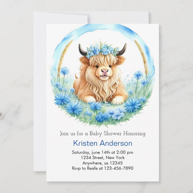 Blue Highland Cow Adventure Boy Baby Shower Invitation (Front)