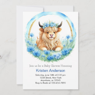 Blue Highland Cow Adventure Boy Baby Shower Invitation