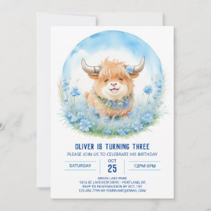 Blue Highland Cow Bash Kids Birthday Invitation