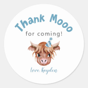 Blue Highland Cow Birthday Party Favour  Classic Round Sticker