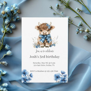 Blue Highland Cow Birthday Party Invitation