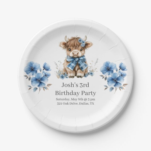 Blue Highland Cow Birthday Party Paper Plate (Front)