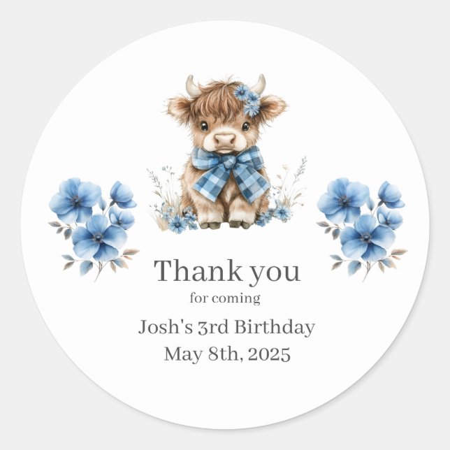 Blue Highland Cow Birthday Party Thank You Sticker (Front)