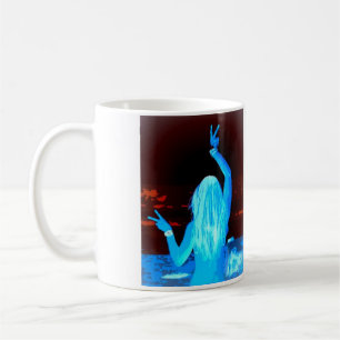 blue hippie girl waving peace signs coffee mug