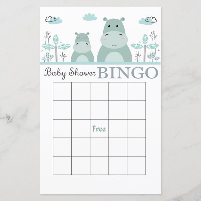 Blue Hippo baby shower bingo card (Front)