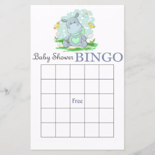 Blue hippo baby shower bingo card