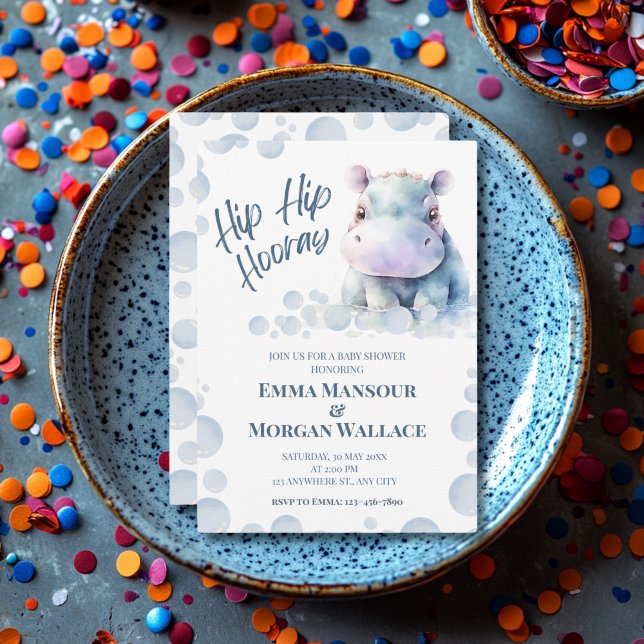 Blue Hippo Baby Shower Holiday Card (Hippo Themed Baby Shower Invite)