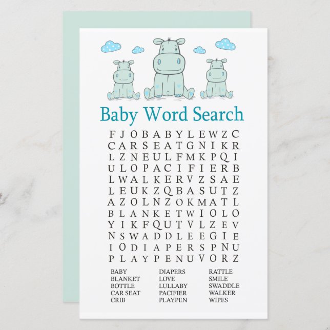 Blue Hippo Baby Shower Word Search Game (Front/Back)
