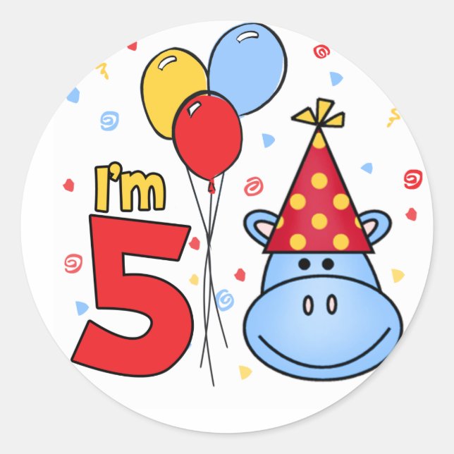 Blue Hippo Face 5th Birthday Classic Round Sticker (Front)