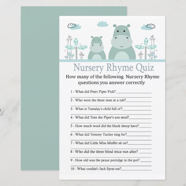 Blue Hippo Nursery Rhyme Quiz baby shower game (Front/Back)