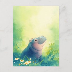 Blue Hippo Smiling in White Daisy Flower Meadow Postcard