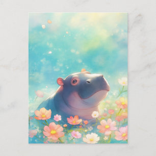Blue Hippo Swimming in Pink Summer Wildflower Pool Postcard