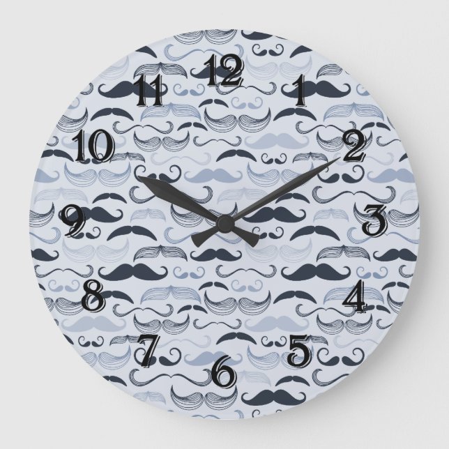 Blue Hipster Moustaches Large Clock (Front)