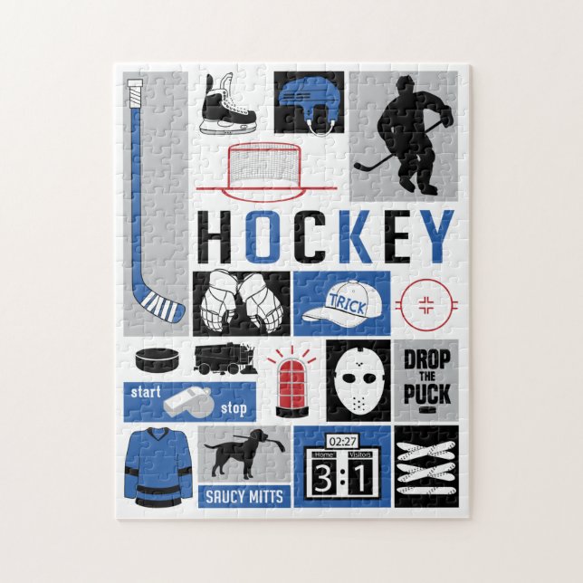 Blue Hockey Elements Stick Puck Player Jigsaw Puzzle (Vertical)