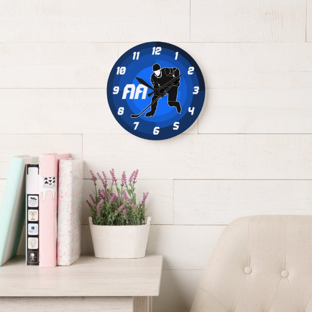Blue Hockey Player Silhouette Large Clock (Reading Room)