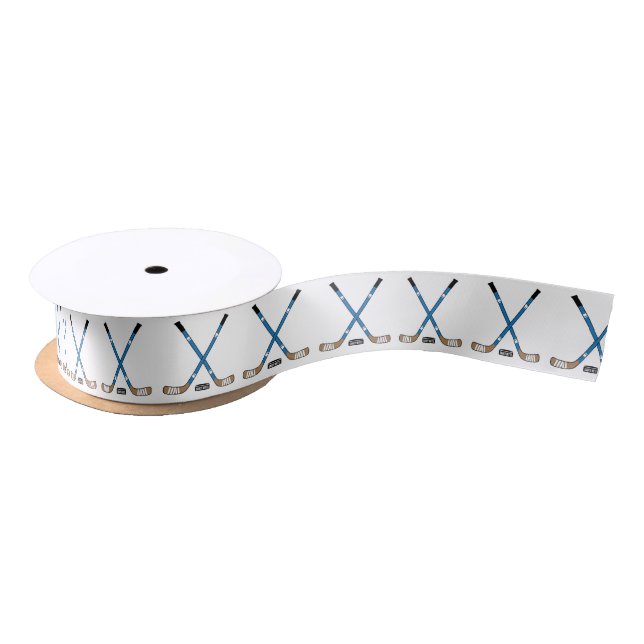 Blue Hockey Sticks and Puck Satin Ribbon (Spool)