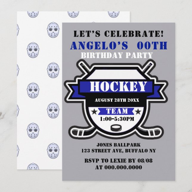 Blue Hockey Theme Birthday Party Invites (Front/Back)