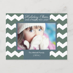 Blue Holiday Cheer Chevron Photo Holiday Postcard