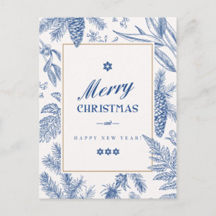 Blue Holiday Floral Photo Holiday Card