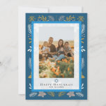 Blue Holiday Foliage Happy Hannukah Photo Card<br><div class="desc">This cute "Happy Hanukkah" Christmas holiday photo card features holiday foliage in white and ochre on a midnight blue background. The reverse side features a blue background with white snow patterns. Personalise it for your needs. You can find matching products at my store.</div>