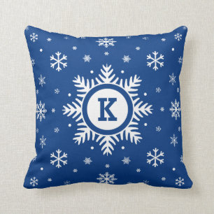 Blue Holiday Monogram Winter Snowflake pillow