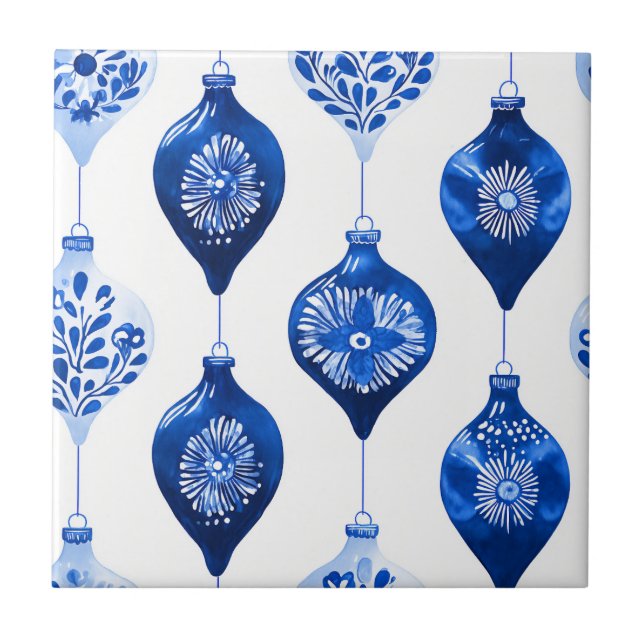 Blue Holiday Ornament Pattern Ceramic Tile (Front)