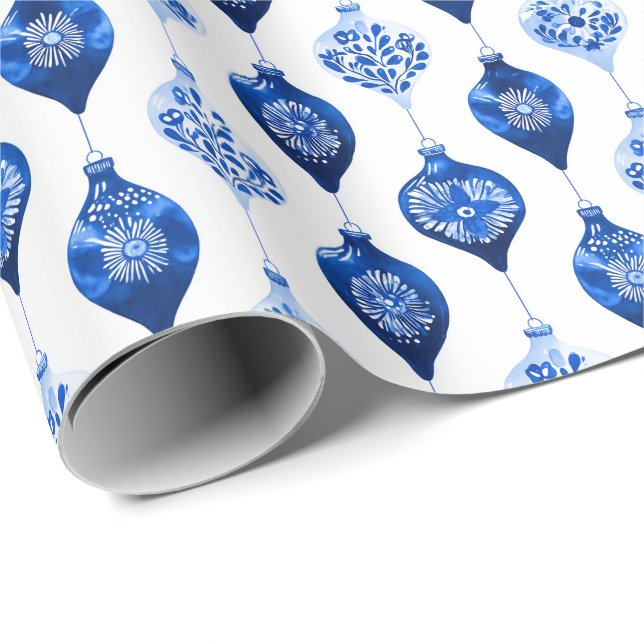 Blue Holiday Ornament Pattern Wrapping Paper (Roll Corner)