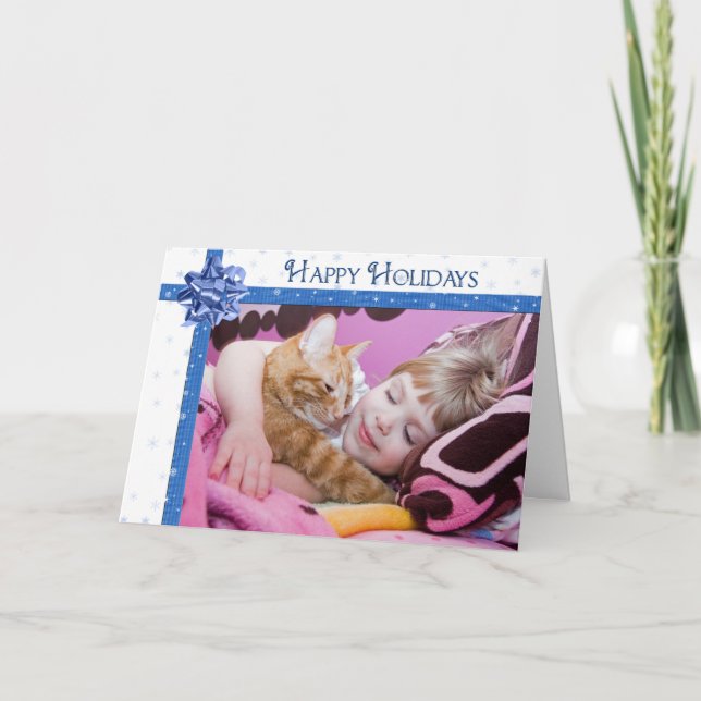Blue holiday ribbon frame card (Front)