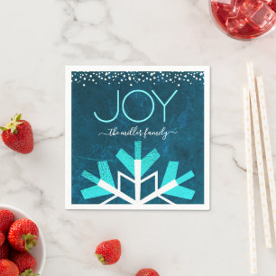 Blue Holiday Snowflake Joy Modern Typography Name Napkin