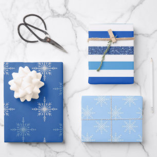 BLUE HOLIDAY WINTER SNOWFLAKES & STRIPES WRAPPING PAPER SHEET