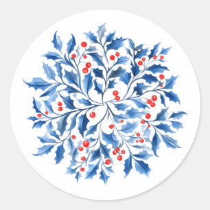Blue Holly Berry Wreath Christmas Classic Round Sticker